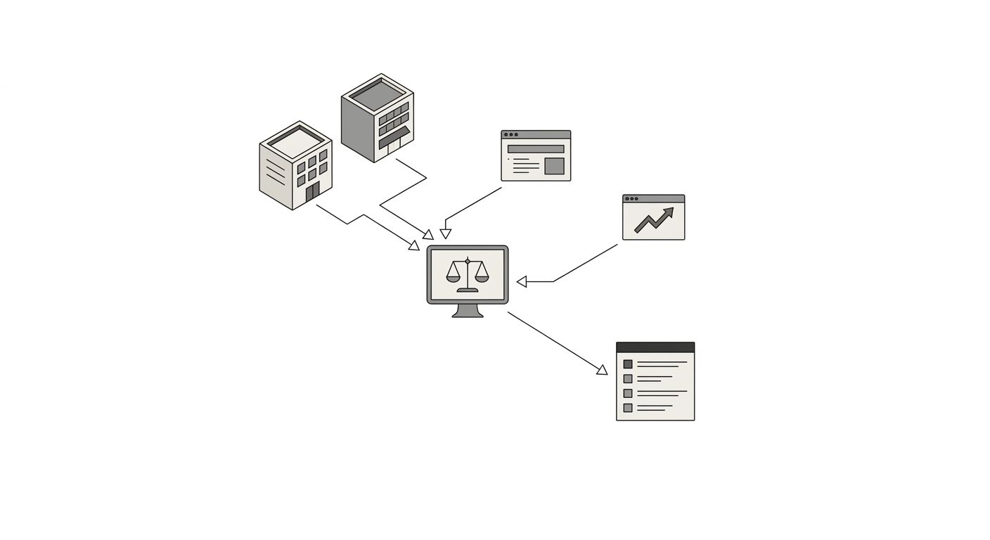 A flowchart showing the Three-Source Framework with two third-party tool boxes feeding estimated volume ranges into a central comparison step, Google Search Console providing actual click and impressi