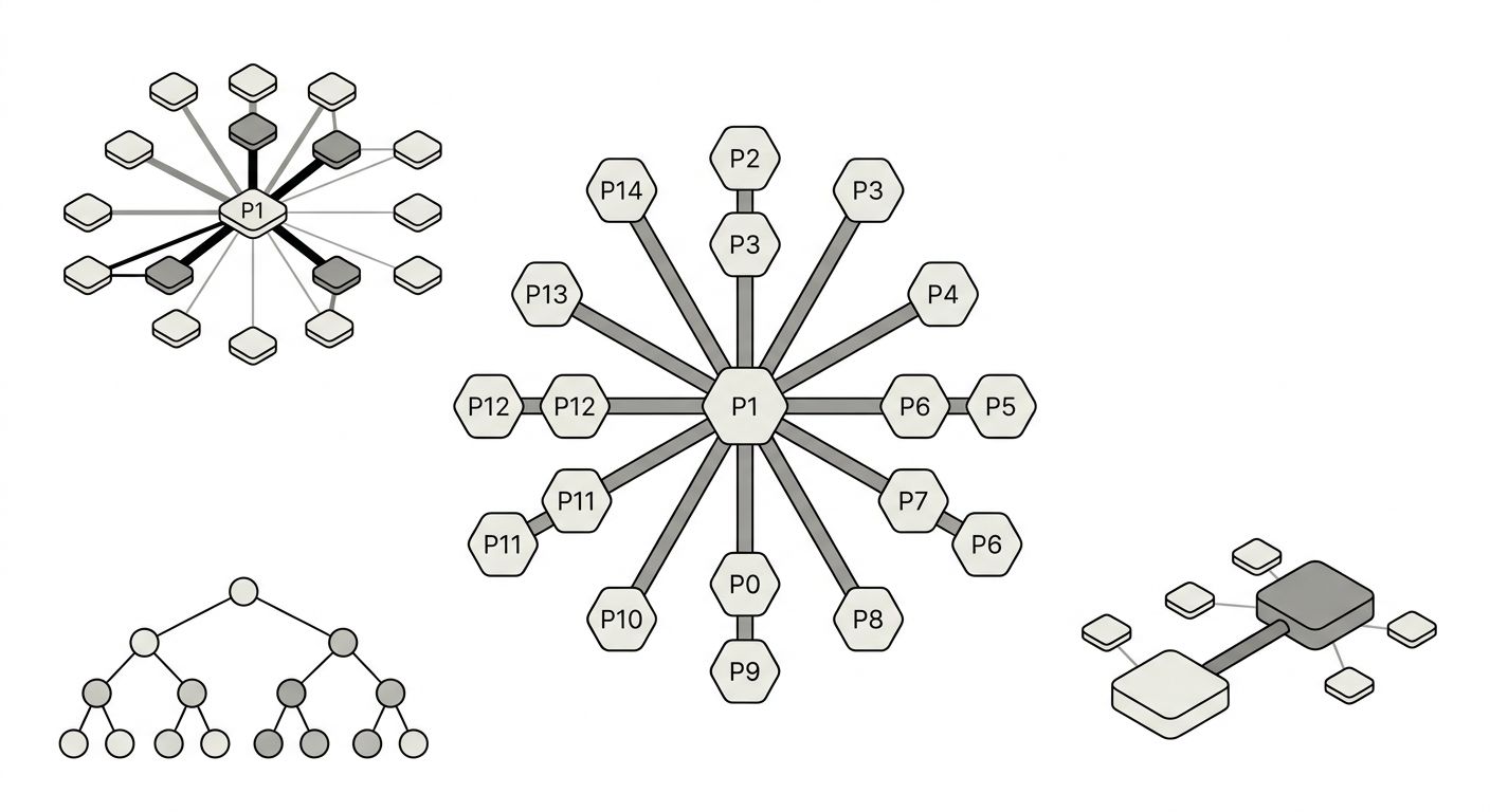 A simple site map diagram comparing two versions of a 14-page site: one with evenly distributed links to all pages including utility pages, and one with concentrated links flowing primarily to 3-4 mon
