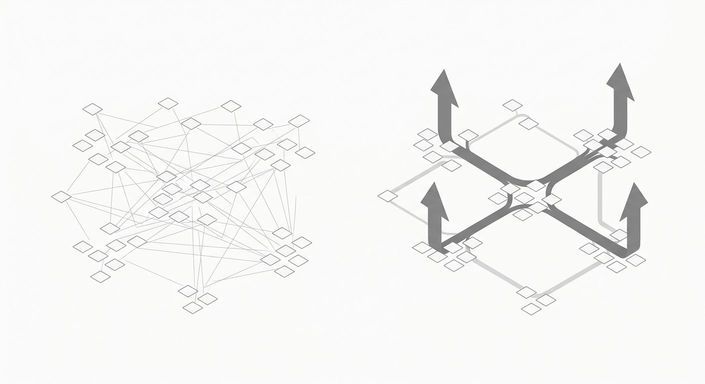 a before-and-after comparison showing a website with 200 blog posts and scattered thin internal link paths on the left, transforming to 130 focused posts with thick concentrated internal link paths on