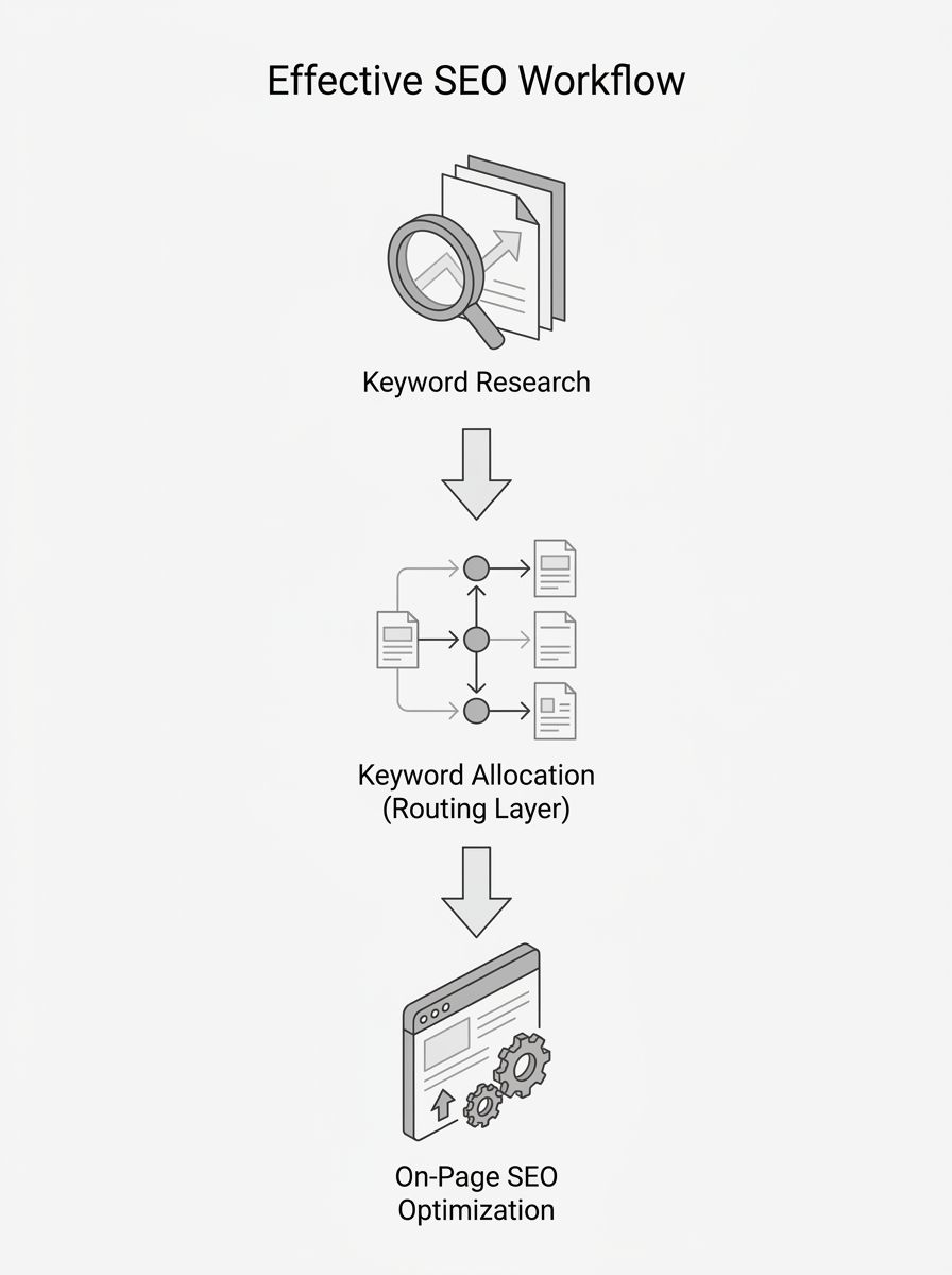 A three-step flow diagram showing keyword research feeding into keyword allocation (the routing layer), which then feeds into on-page SEO optimization, with arrows and brief labels for each stage