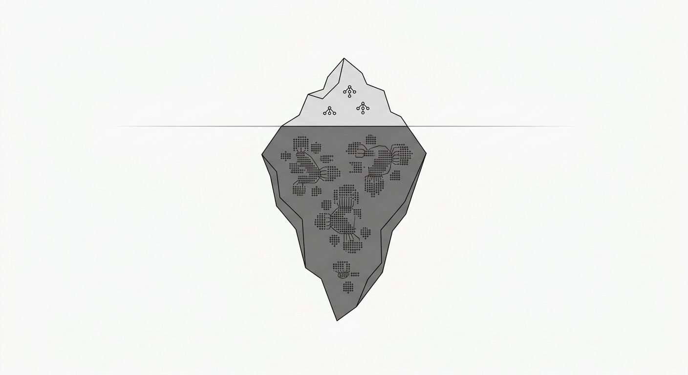Illustration showing an iceberg metaphor where the visible portion above water represents keywords with tool-reported search volume, and the larger submerged portion shows zero-volume queries from cus
