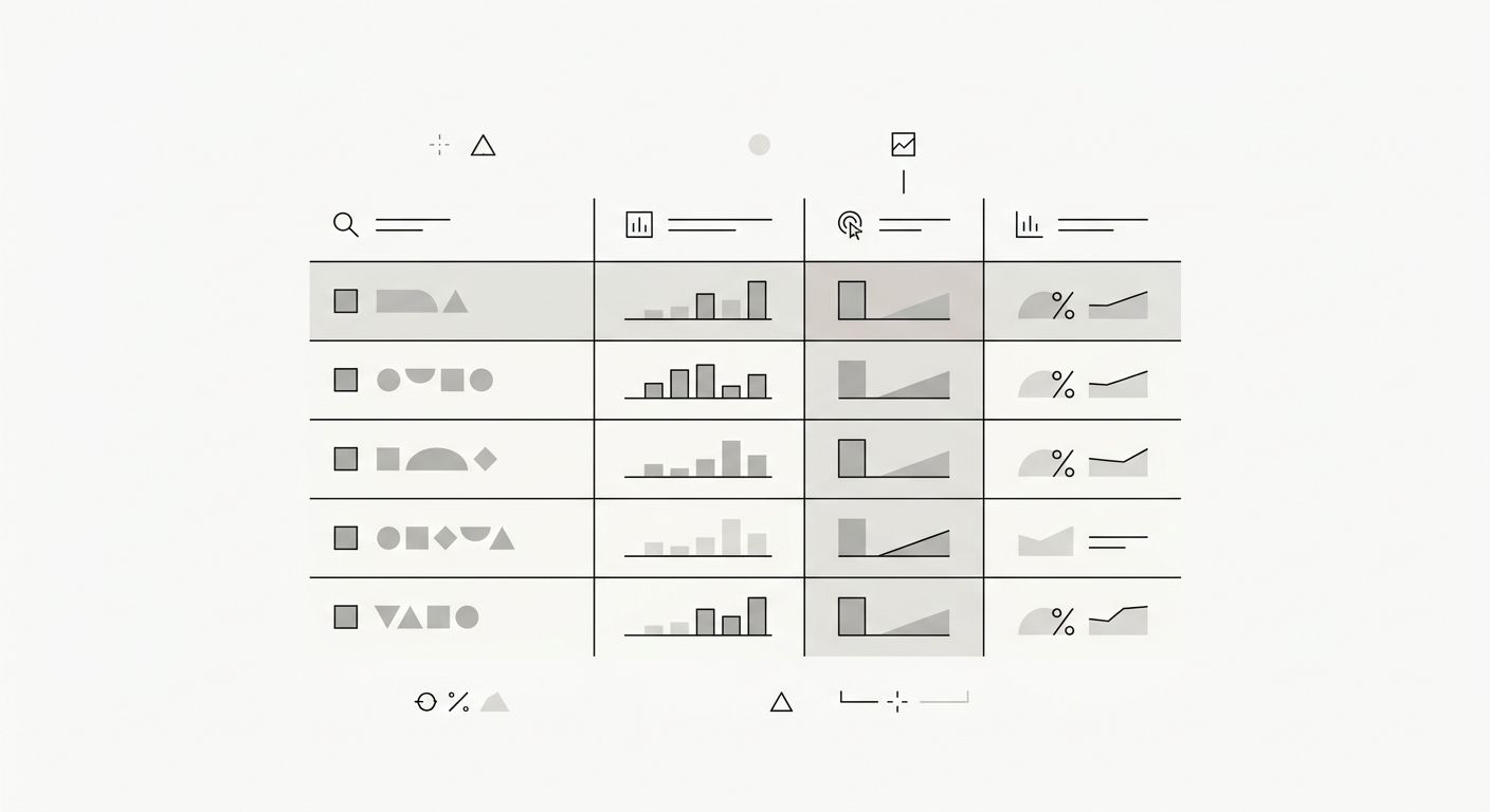 A screenshot-style illustration showing a Google Search Console Performance report with impressions, clicks, and average position columns for several keywords, with annotations showing how to calculat