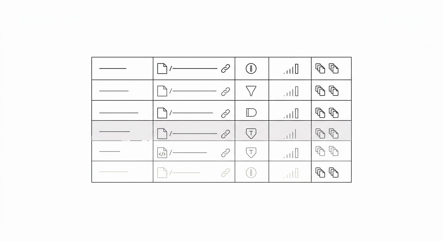 A screenshot-style illustration of a keyword allocation spreadsheet with columns for keyword, assigned URL, intent type, search volume, and secondary keywords, showing 6 example rows with realistic SE
