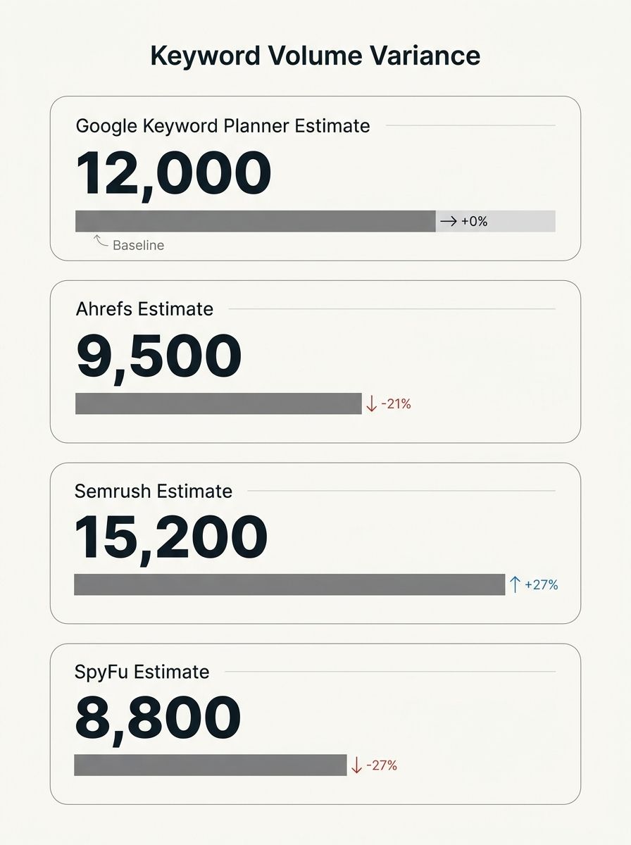 An infographic showing the same keyword entered into four different keyword research tools (Google Keyword Planner, Ahrefs, Semrush, SpyFu) with four different volume numbers displayed, highlighting t